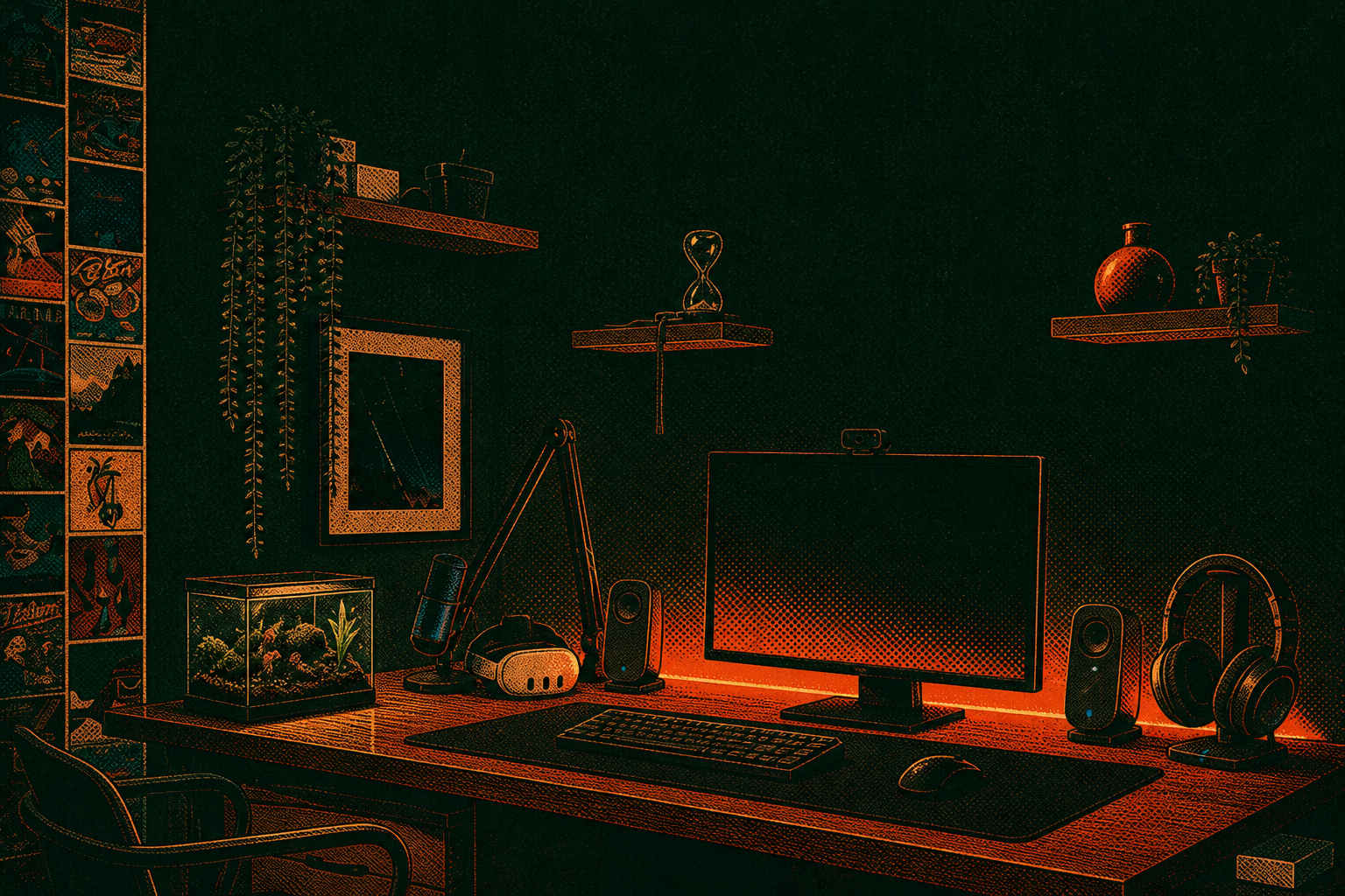 A retro-print illustration of Onurcan's desk with a monitor, microphone, headphones, trailing plant and miniature terrarium